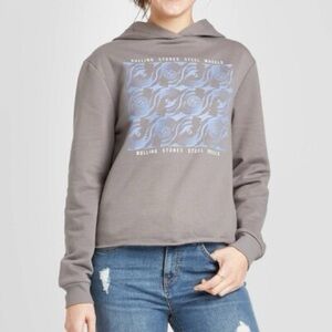 ROLLING STONES Steel Wheels Gray Cropped Hoodie Band Sweatshirt SZ LARGE Womens